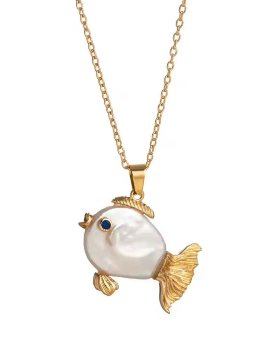 Anthropologie Pearl Fish Pendant Necklace Gold Tone Minimalist NWOT